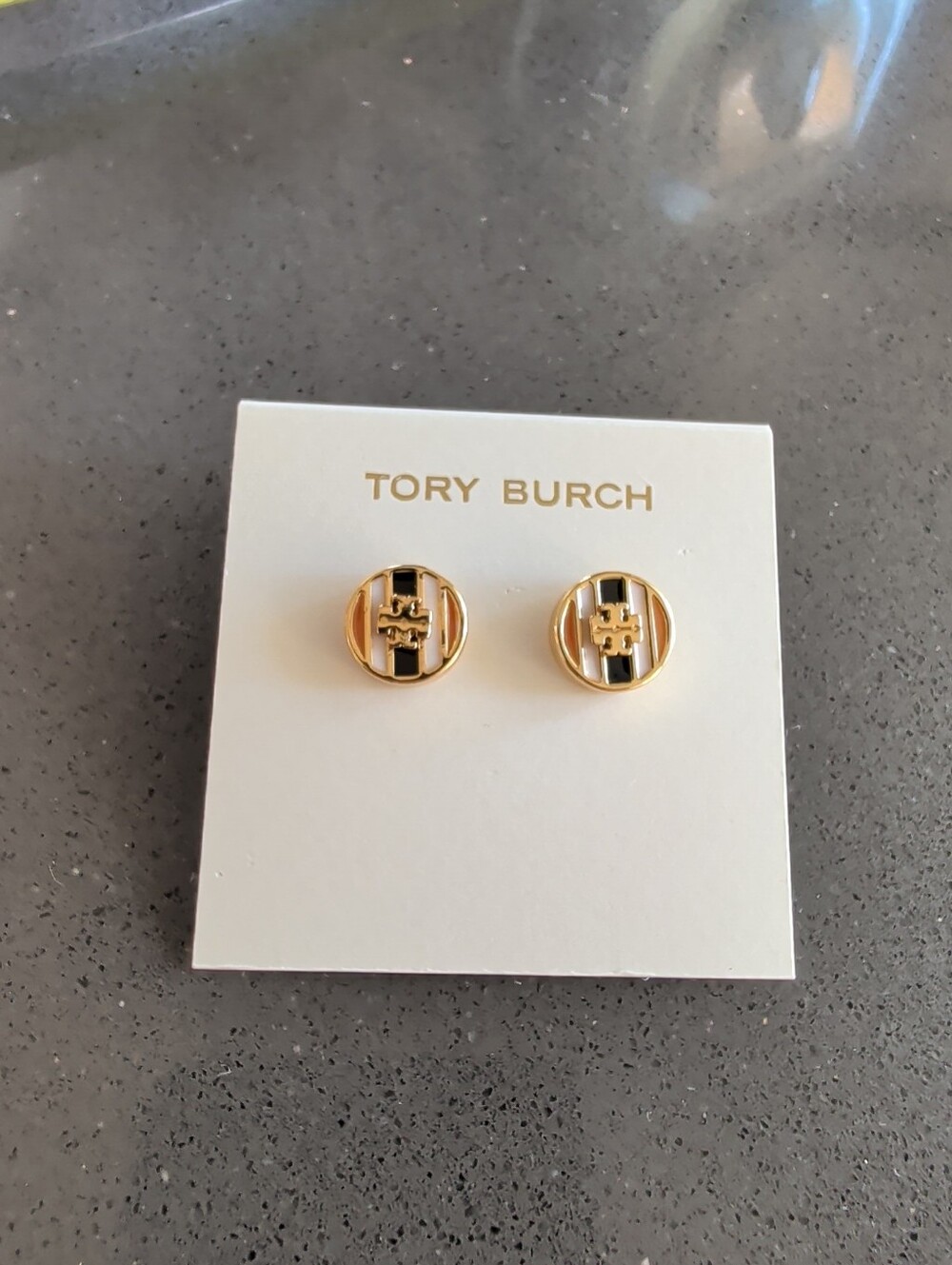 Tory Burch Black White & Gold Stud Earrings Pierced Logo NEW - W50